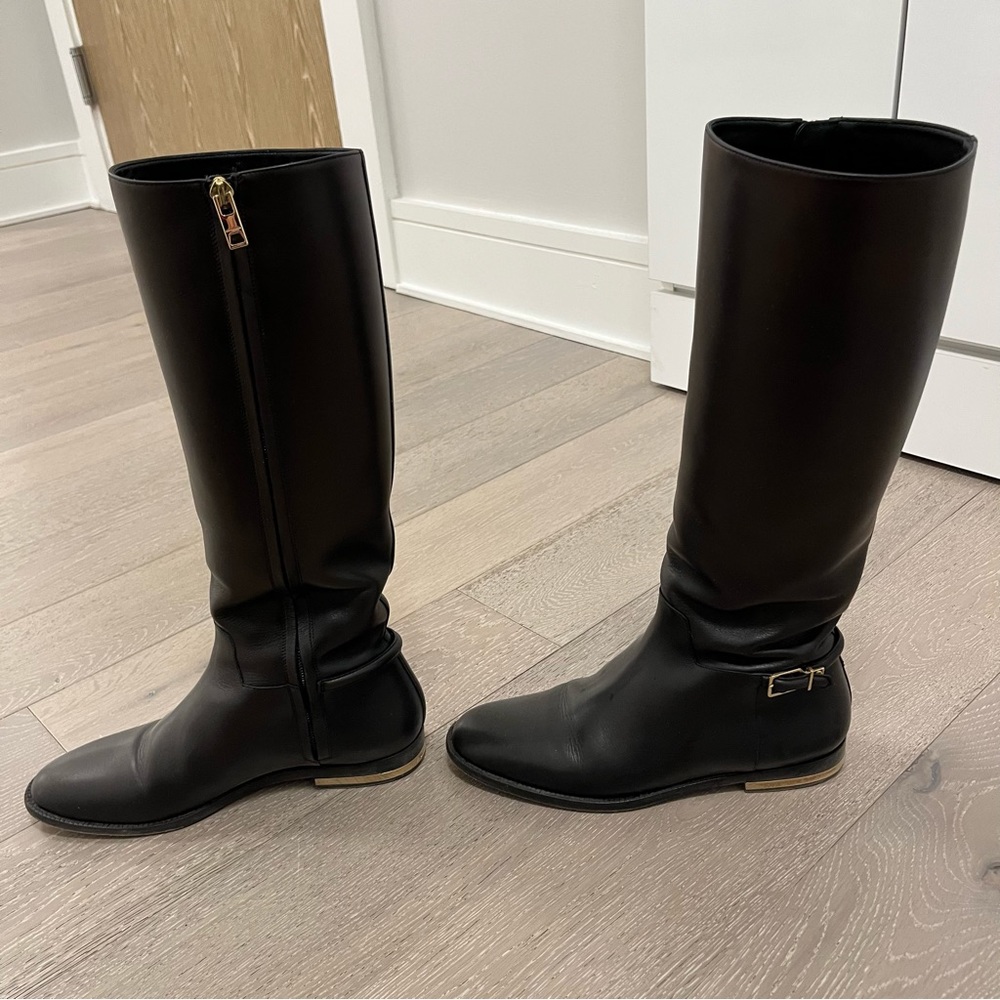 Burberry Knee Length Flat Black Leather Boots - Size 37